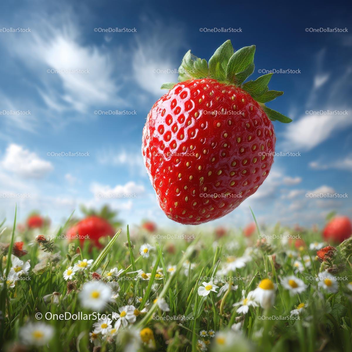 Floating Ripe Strawberry Above a Daisy Field Stock Photo Bundle preview 18