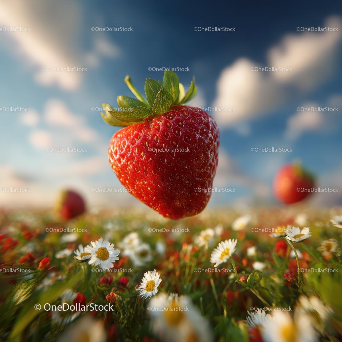 Floating Ripe Strawberry Above a Daisy Field Stock Photo Bundle preview 19