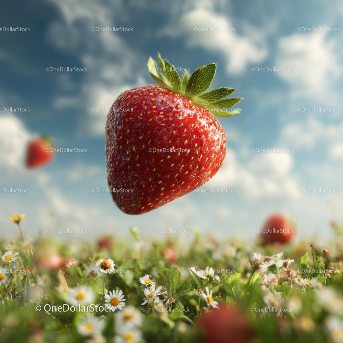 Floating Ripe Strawberry Above a Daisy Field Stock Photo Bundle preview 20