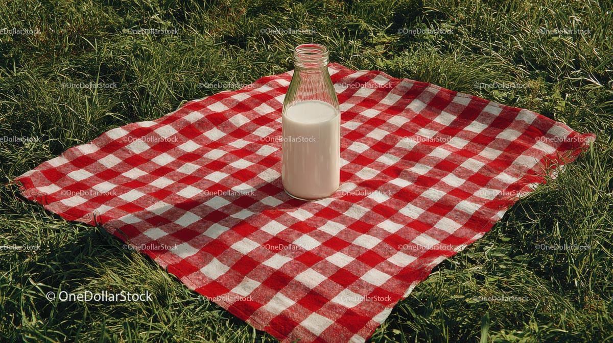 Milk Bottle on Red Checkered Picnic Blanket