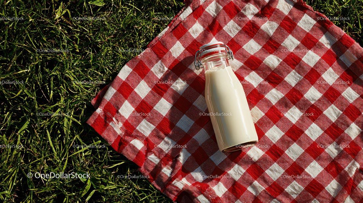 Milk Bottle on Red Checkered Picnic Blanket in Sunny Meadow Stock Photo Bundle preview 7