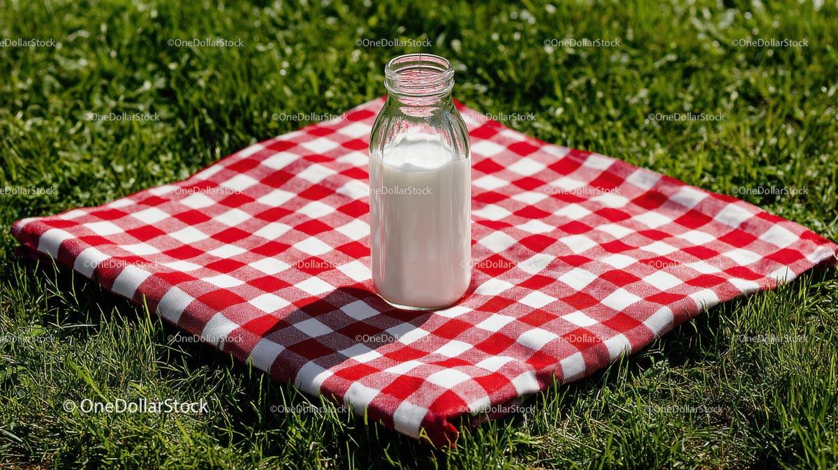 Vintage Milk Bottle on Red Checkered Picnic Blanket