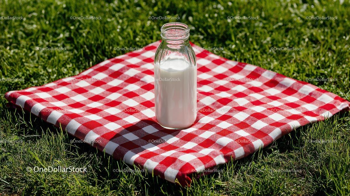 Milk Bottle on Red Checkered Picnic Blanket in Sunny Meadow Stock Photo Bundle preview 8