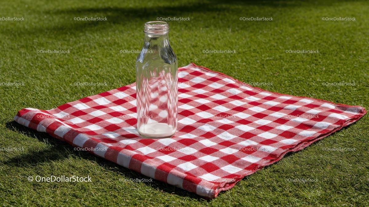 Milk Bottle on Red Checkered Picnic Blanket in Sunny Meadow Stock Photo Bundle preview 15