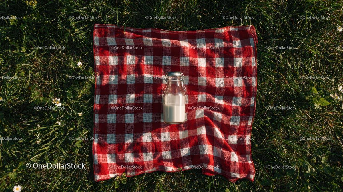 Milk Bottle on Red Checkered Picnic Blanket in Sunny Meadow Stock Photo Bundle preview 16