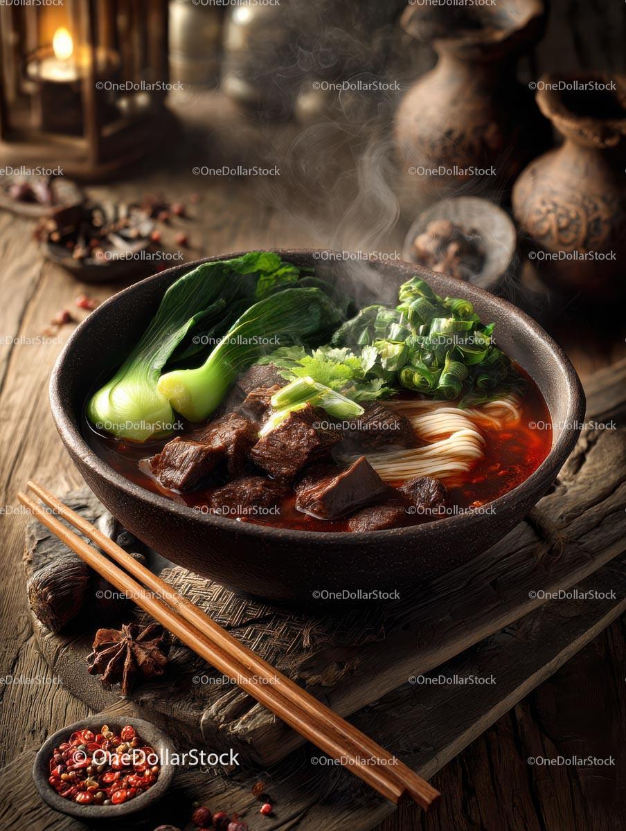 Steaming Bowl of Flavorful Beef Noodle Soup with Bok Choy Stock Photo Bundle preview
