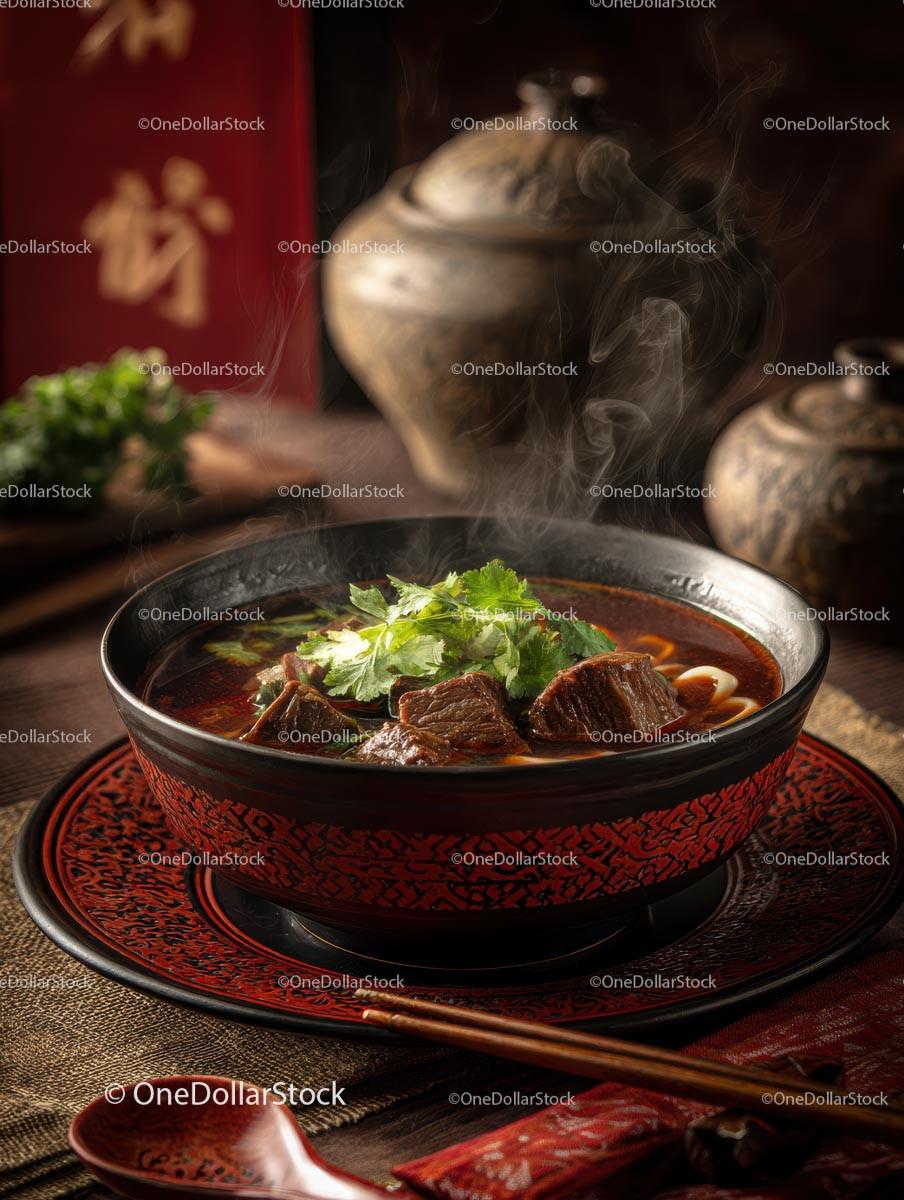 Steaming Bowl of Flavorful Beef Noodle Soup with Bok Choy 12 JPG Files digital asset preview