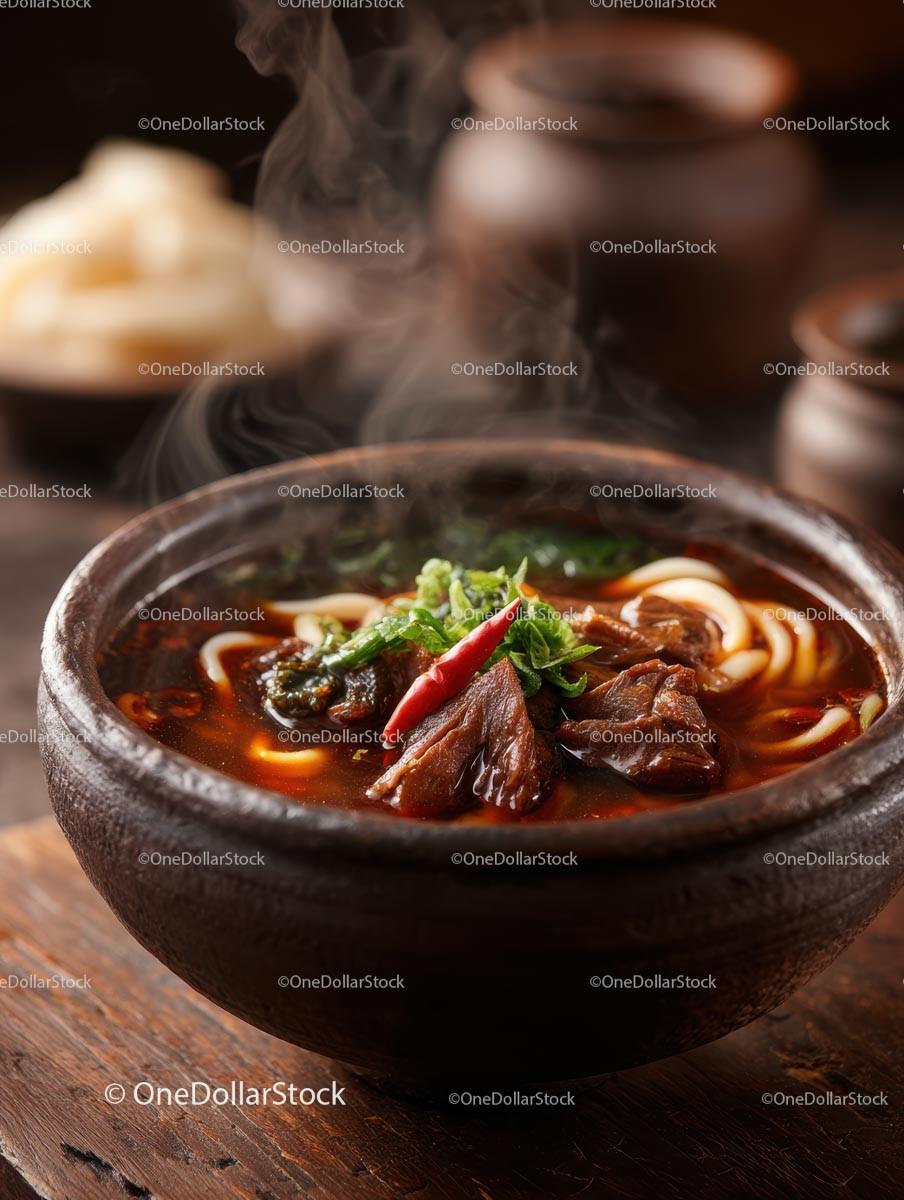 stock photo bundle made with Steaming Bowl of Flavorful Beef Noodle Soup with Bok Choy Stock Photo Bundle
