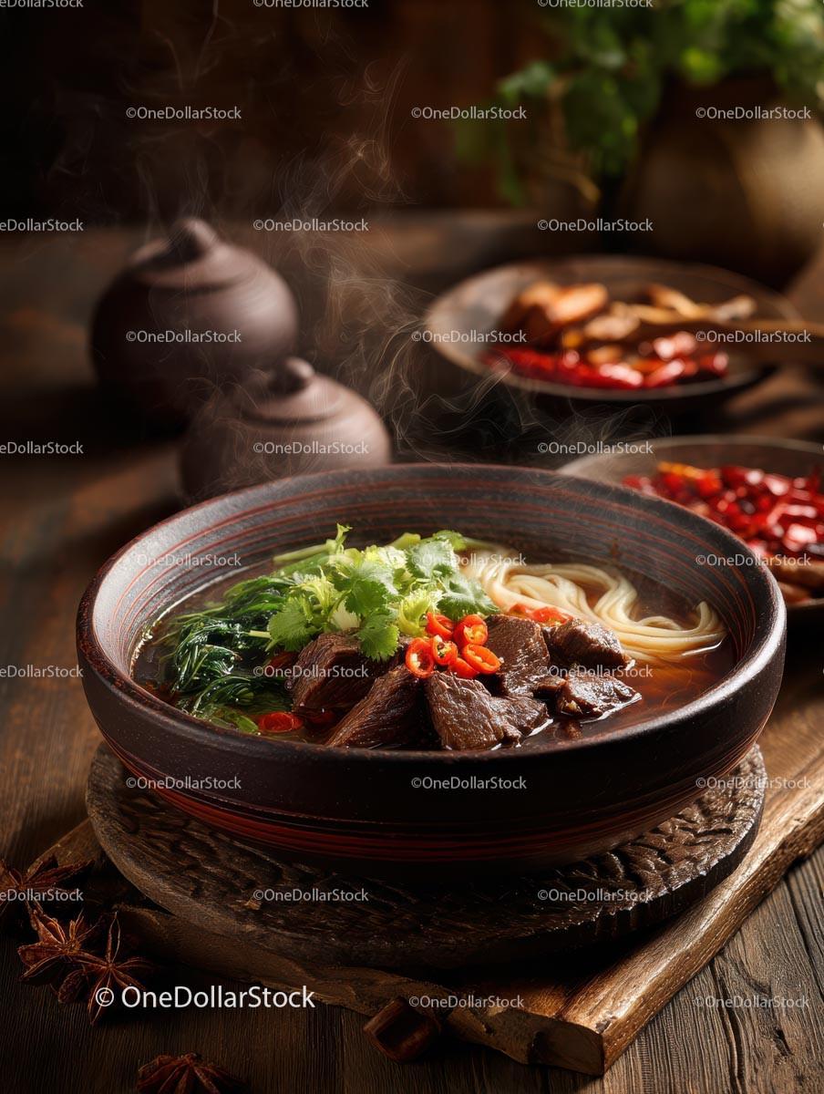 Steaming Bowl of Flavorful Beef Noodle Soup with Bok Choy Stock Photo Bundle creative preview 4