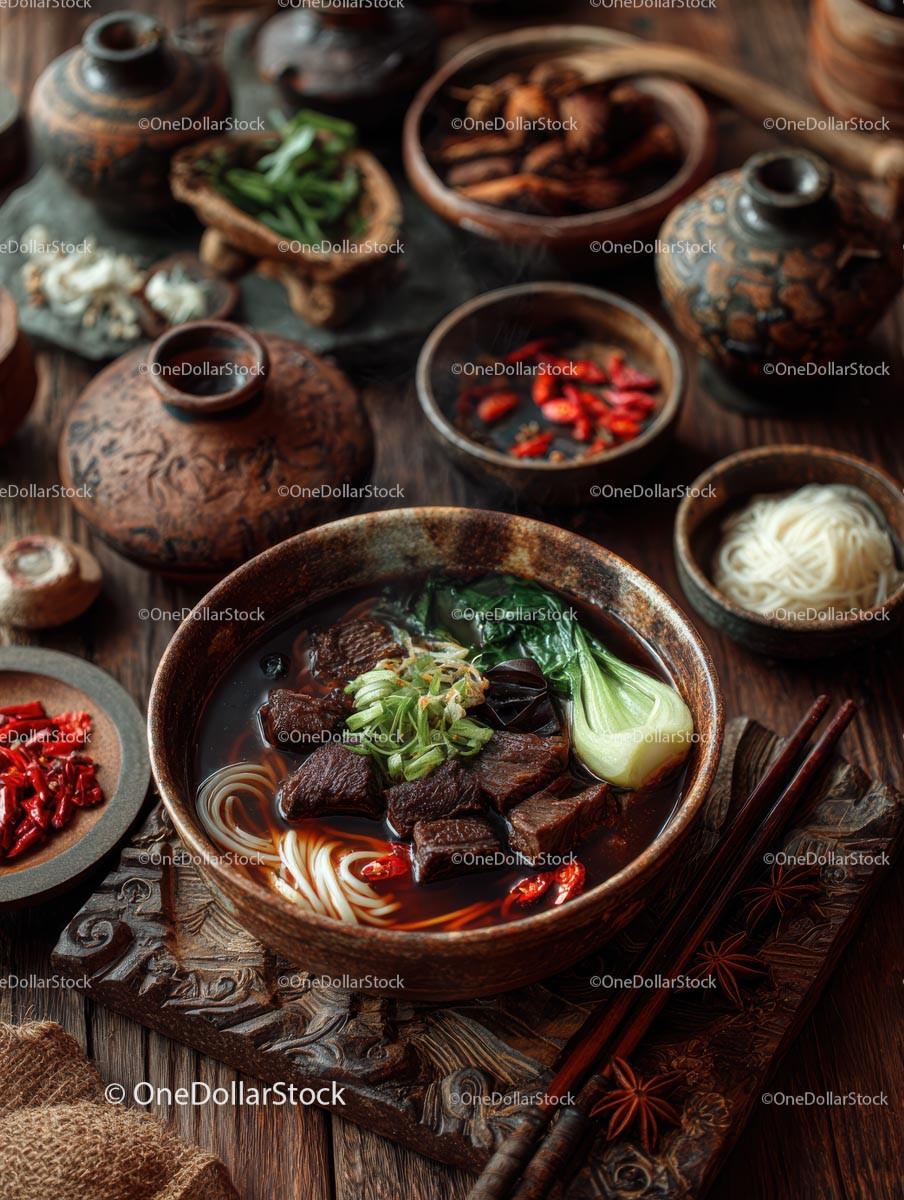 Steaming Bowl of Flavorful Beef Noodle Soup with Bok Choy Stock Photo Bundle preview 5