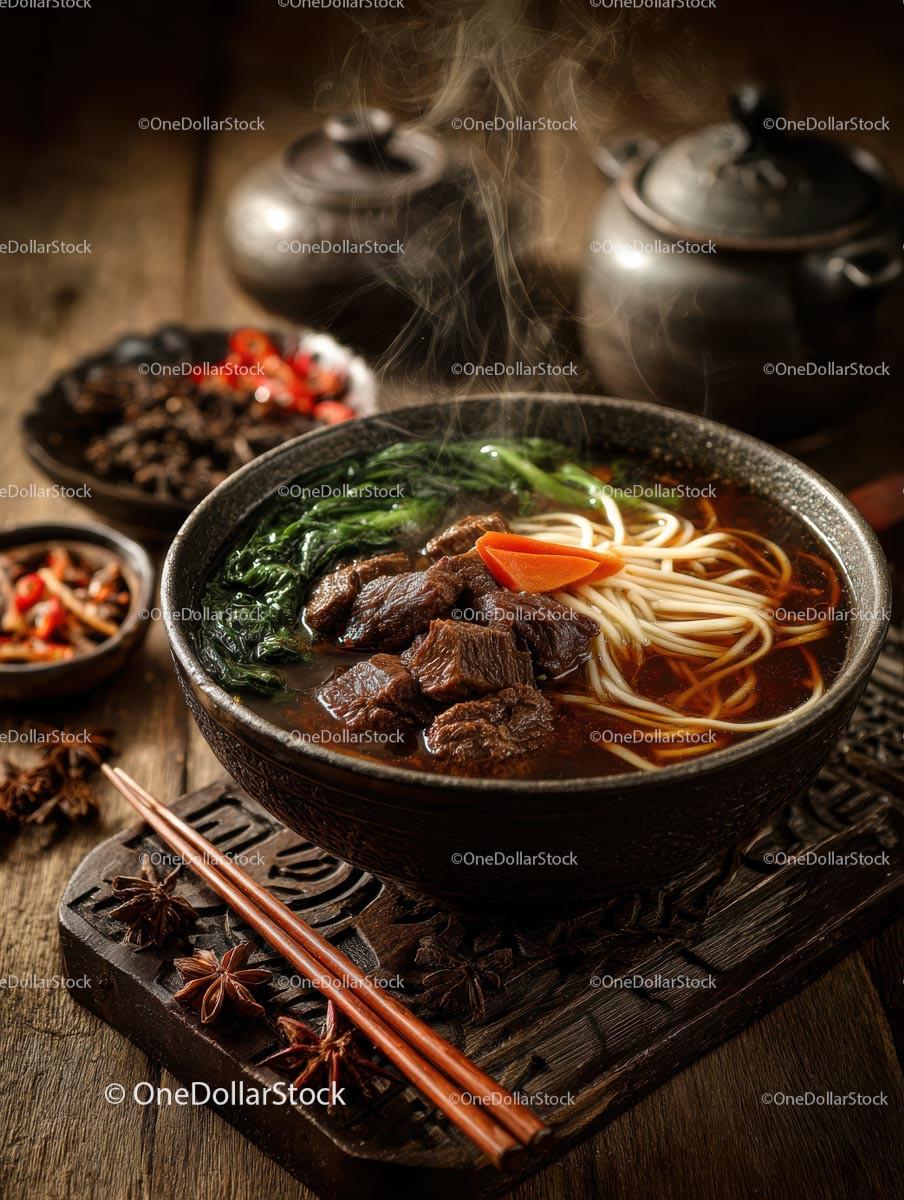 Steaming Bowl of Flavorful Beef Noodle Soup with Bok Choy Stock Photo Bundle preview 6