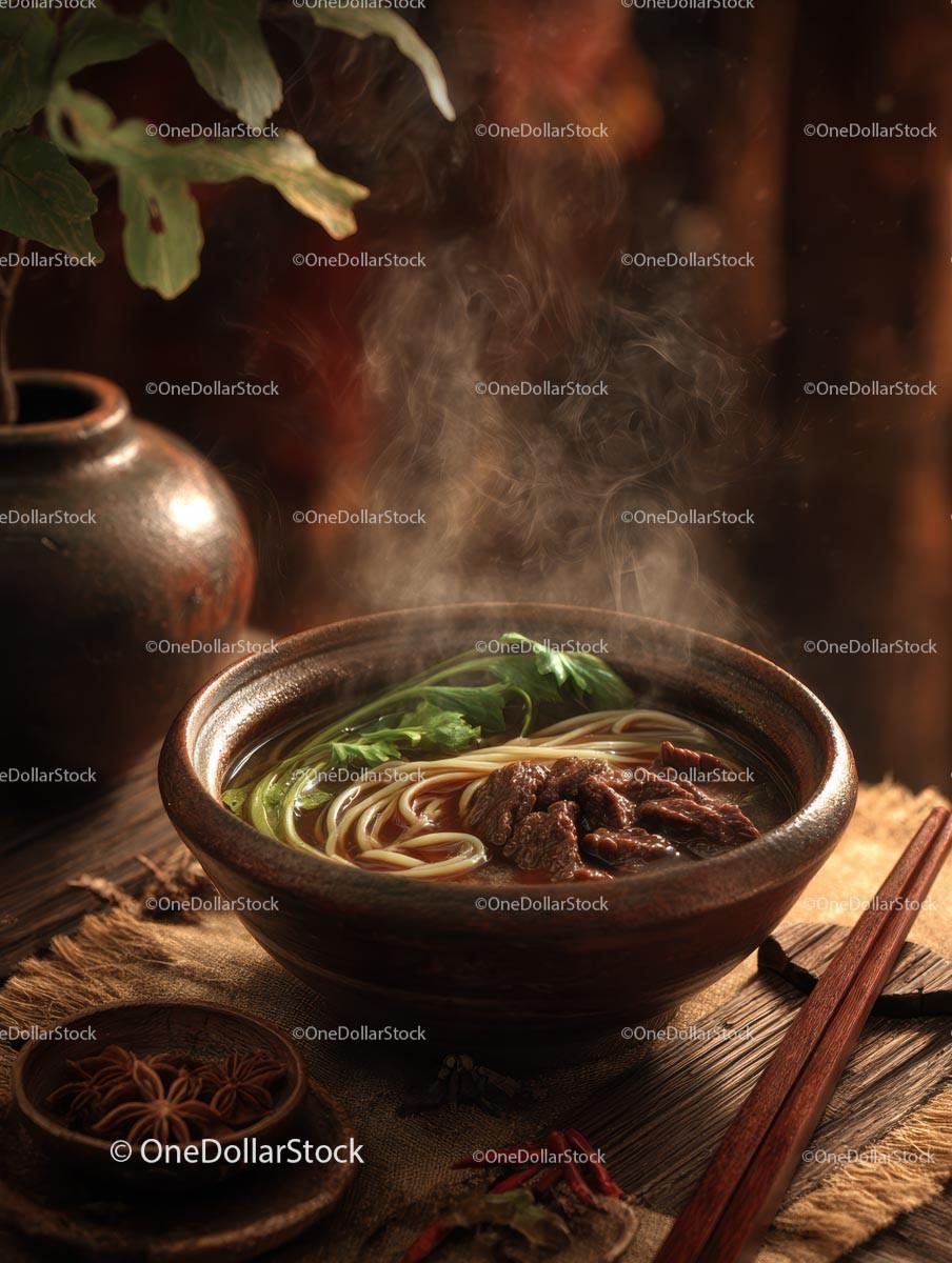 Steaming Bowl of Flavorful Beef Noodle Soup with Bok Choy Stock Photo Bundle preview 7