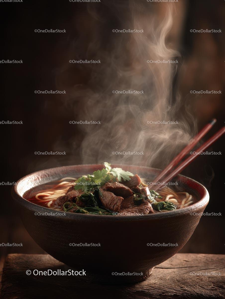 Steaming Bowl of Flavorful Beef Noodle Soup with Bok Choy Stock Photo Bundle preview 9