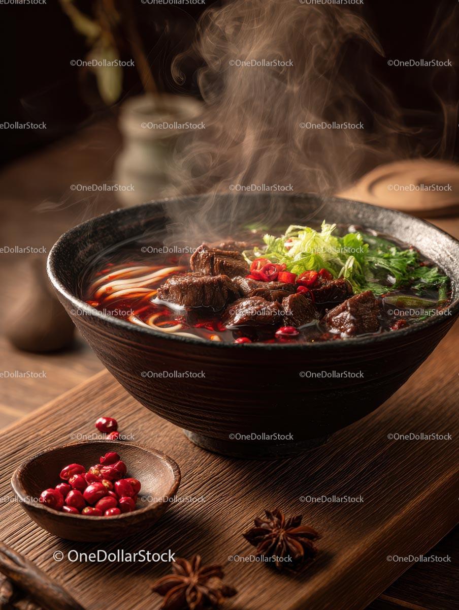 Steaming Bowl of Flavorful Beef Noodle Soup with Bok Choy Stock Photo Bundle preview 10
