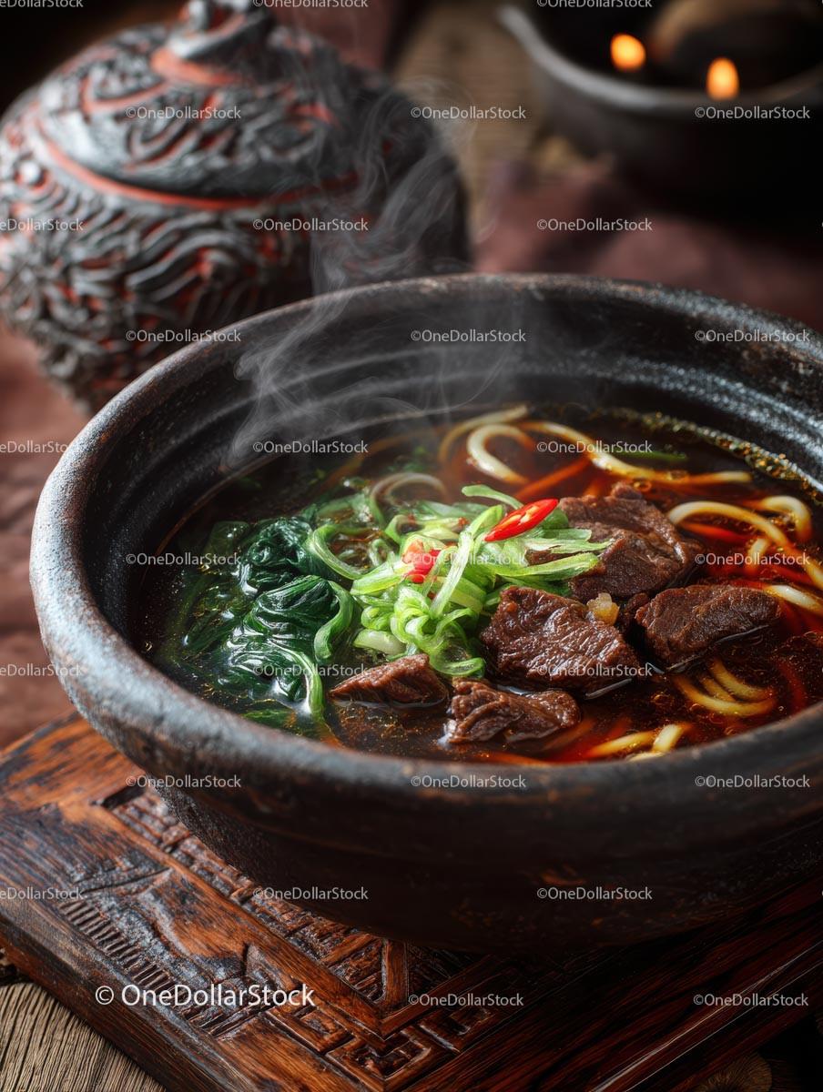 Steaming Bowl of Flavorful Beef Noodle Soup with Bok Choy Stock Photo Bundle preview 12