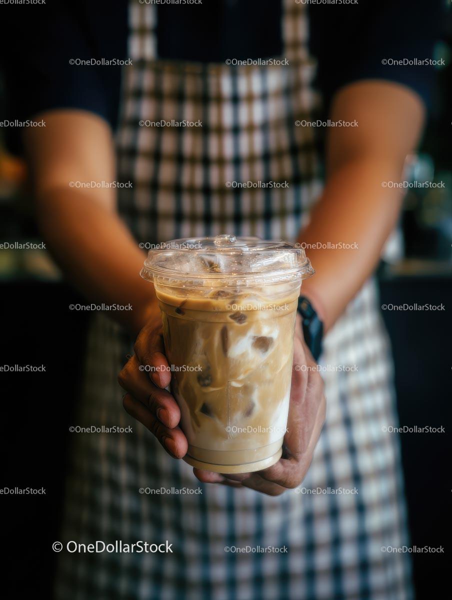 Barista Holding Iced Coffee in Checkered Apron