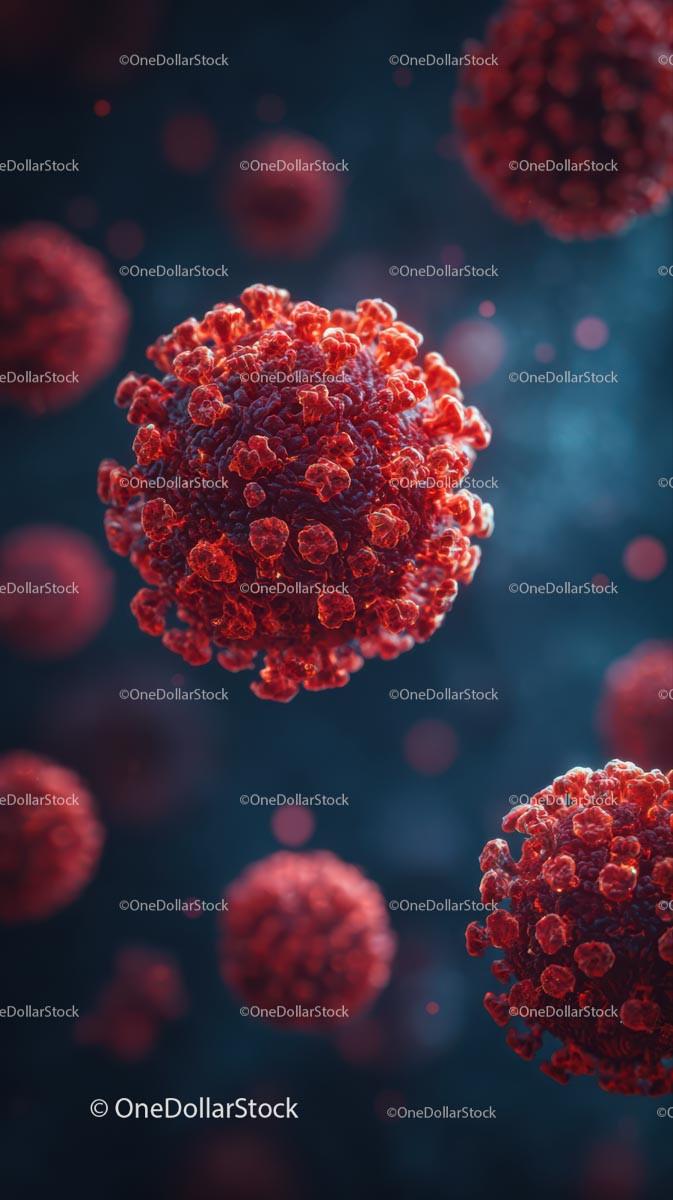 Microscopic View of Red Coronavirus Cells