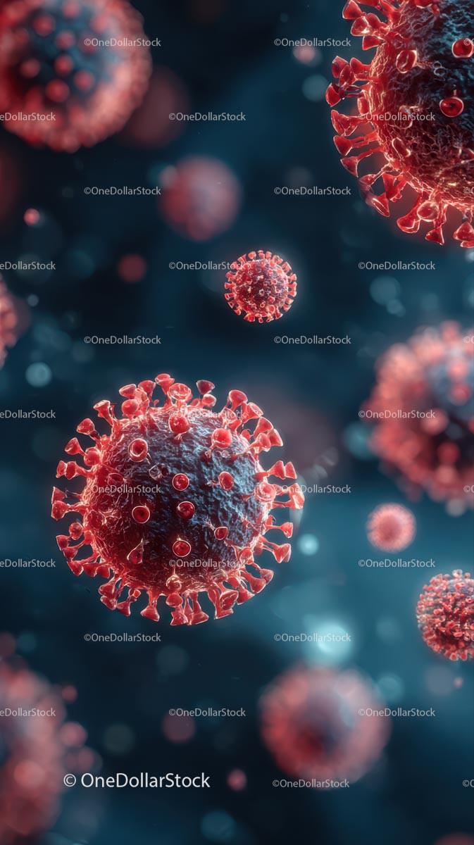 Microscopic View of Red Virus Particles on Dark Background