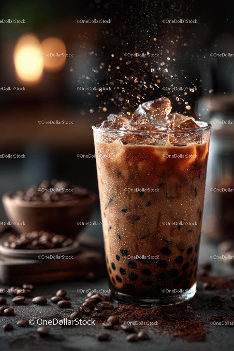 Iced Coffee with Splashes and Ice Cubes on Dark Background Stock Photo Bundle preview 7
