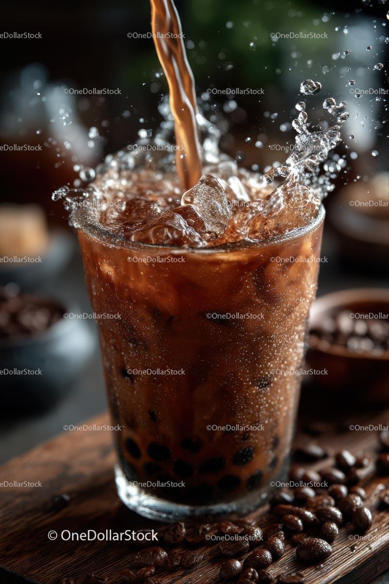 Iced Coffee with Splashes and Ice Cubes on Dark Background Stock Photo Bundle preview 34