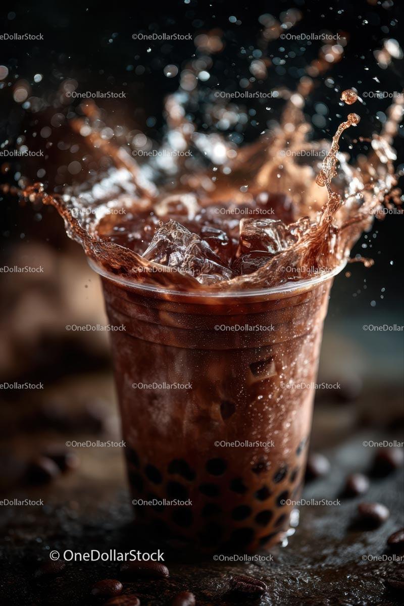 Dynamic Splash of Iced Bubble Tea with Tapioca Pearls