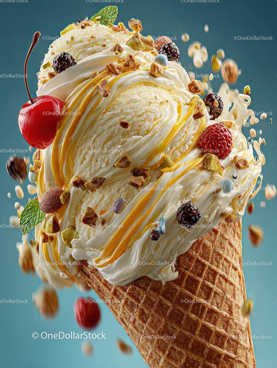 Vanilla Ice Cream Cone with Berries and Nuts