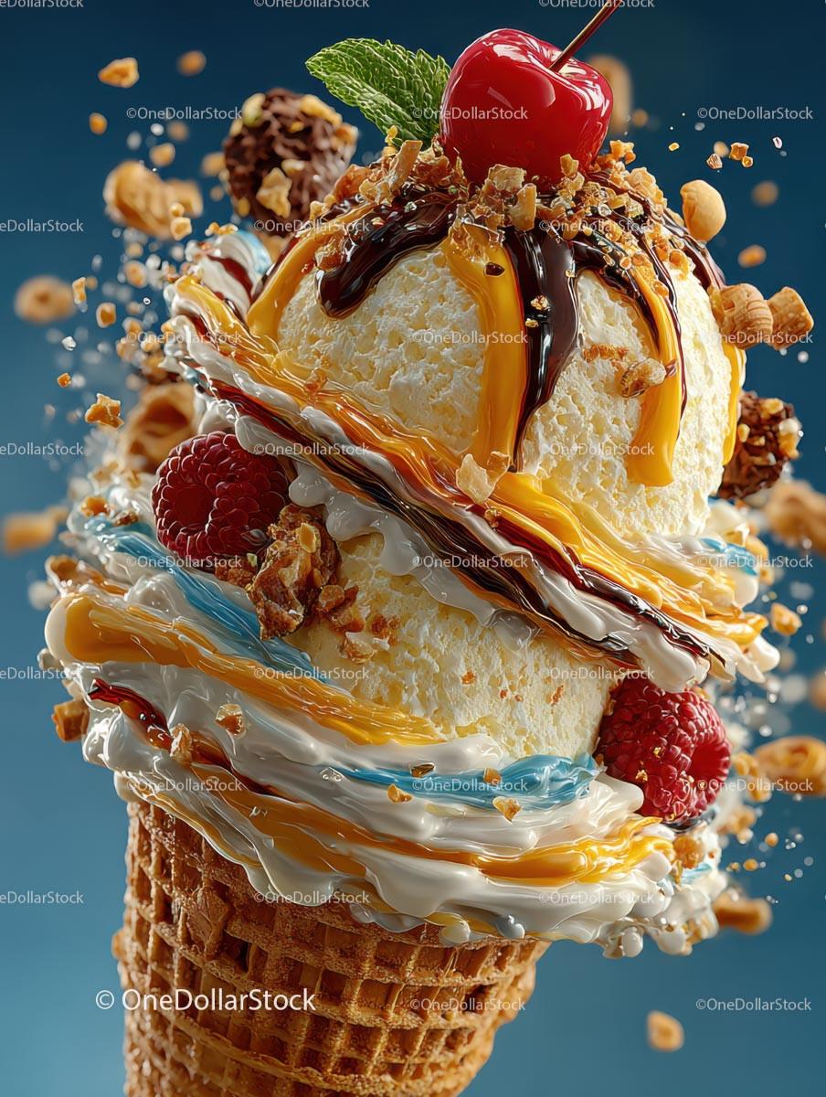Gourmet Ice Cream Cone with Toppings on Blue Background