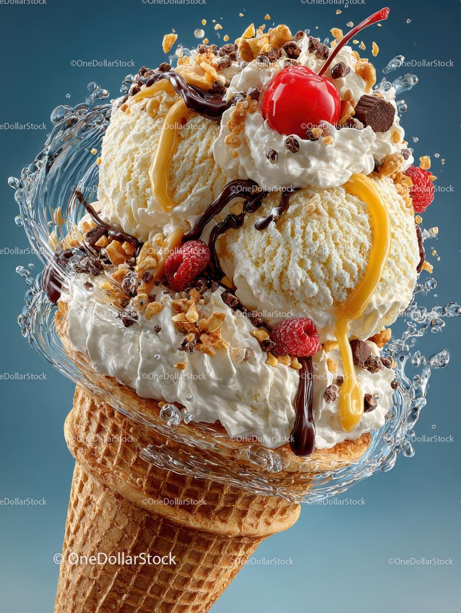 Gourmet Vanilla Ice Cream Cone with Toppings