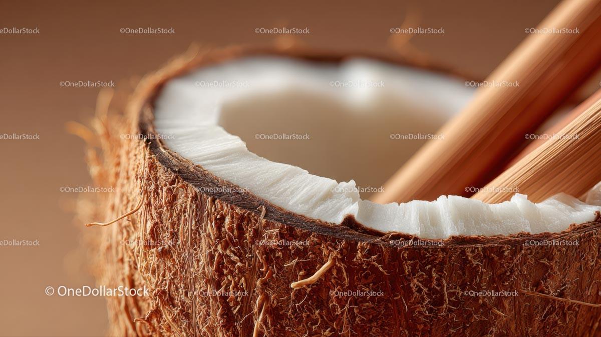 Close-Up of Freshly Opened Coconut with Straw