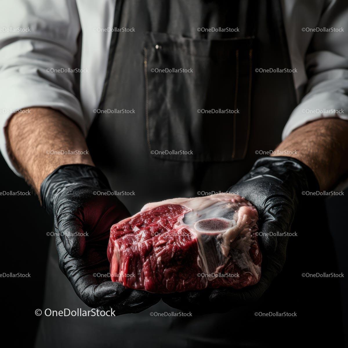 Butcher Holding Fresh Beef Steak in Black Gloves