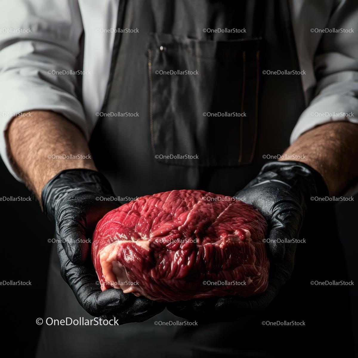 Butcher Holding Fresh Beef Cut in Black Gloves