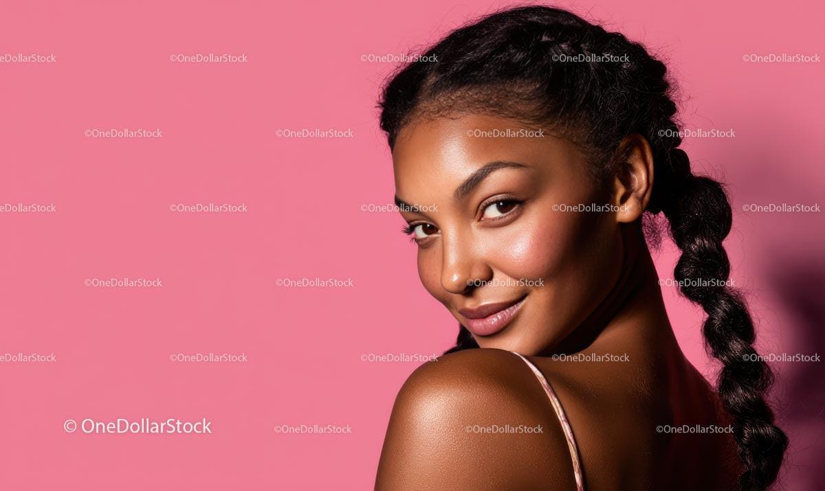 Confident Woman with Braids Against Pink Background