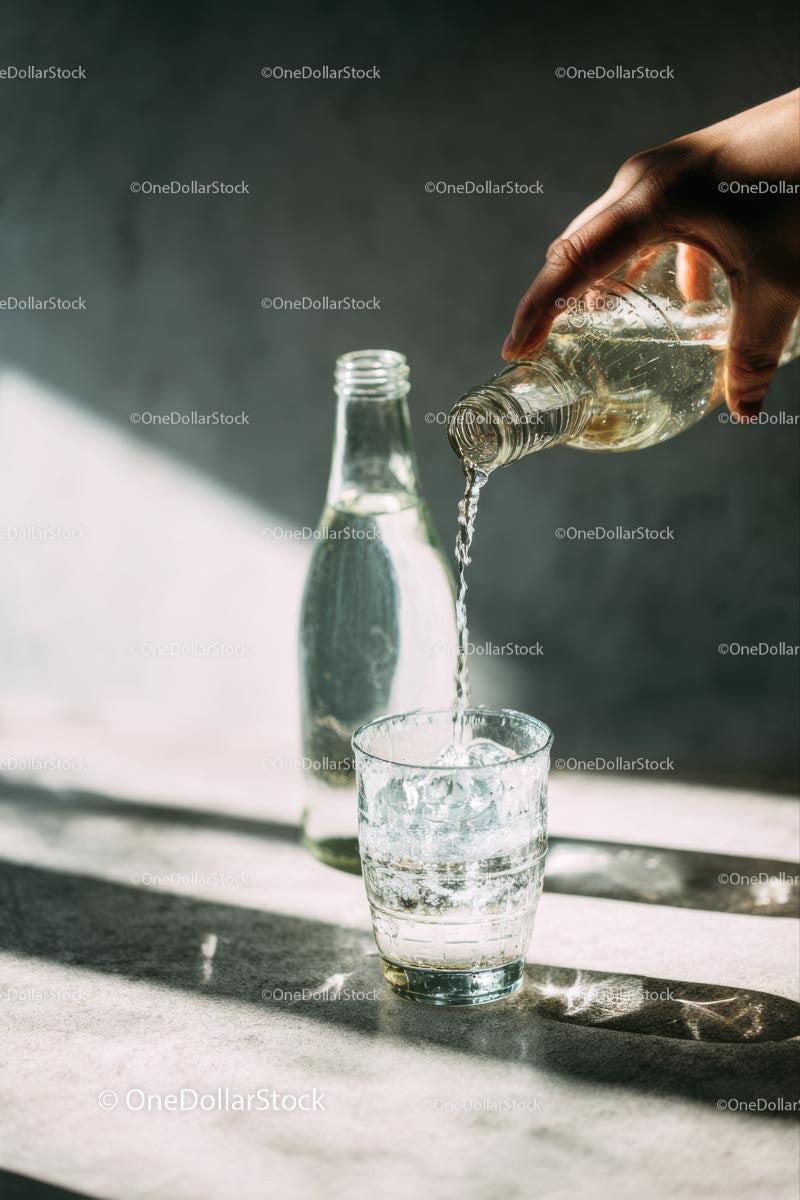 Pouring Water into a Glass with Sunlit Reflections Stock Photo Bundle preview