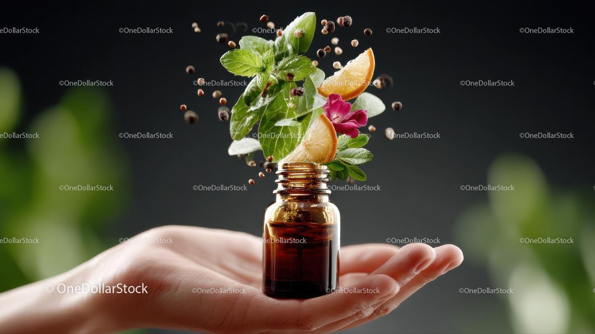 Aromatic Essential Oil Bottle with Fresh Herbs and Citrus Stock Photo Bundle preview