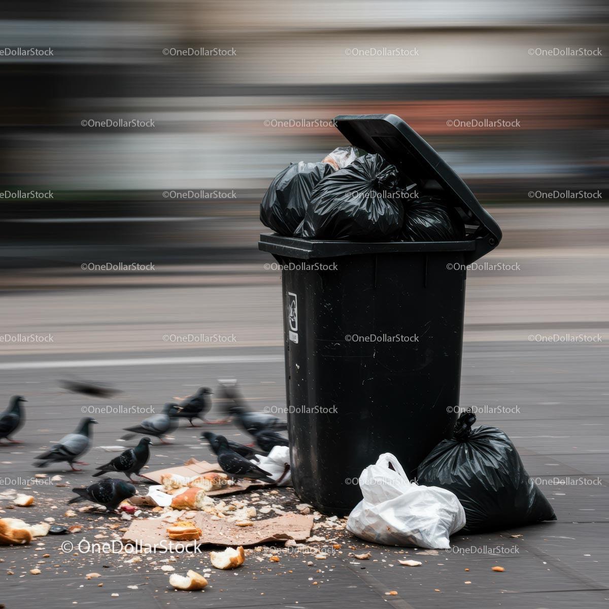 Overflowing Garbage Bin with Pigeons in Urban Street Stock Photo Bundle preview