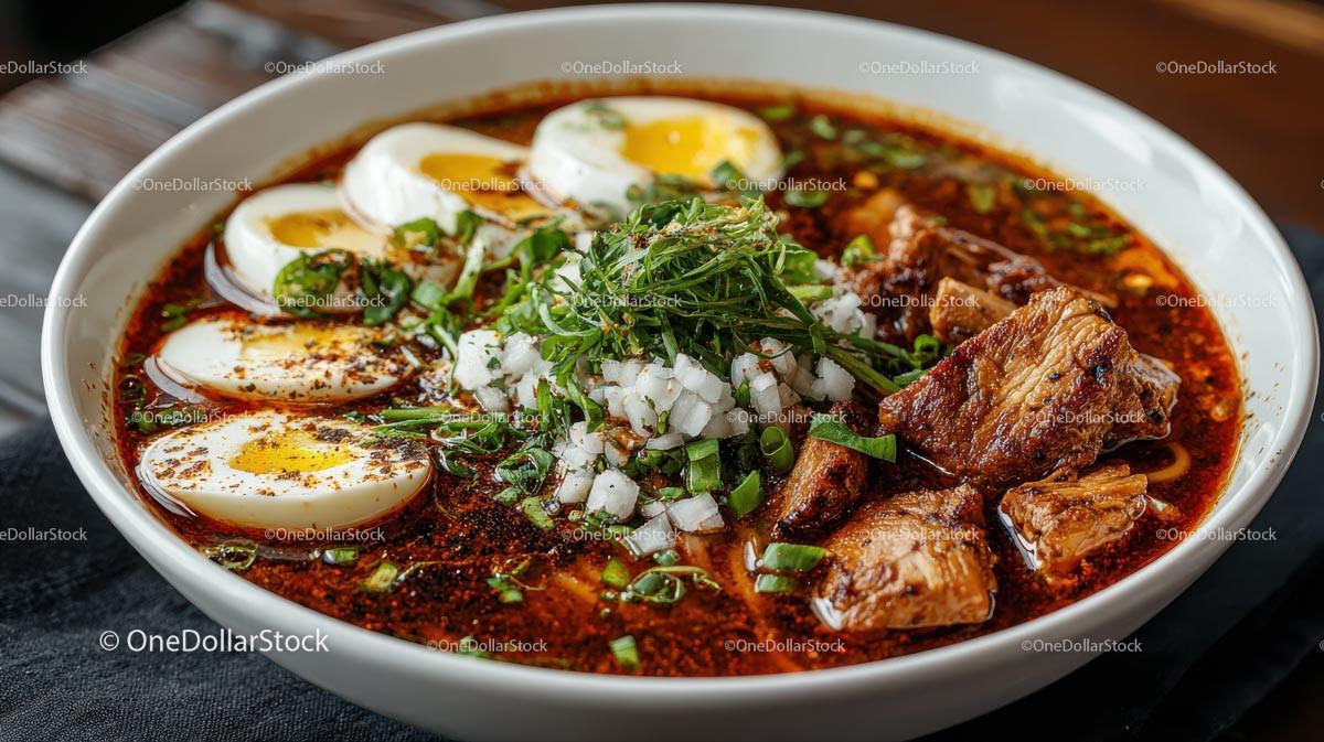 Spicy Ramen Bowl with Pork Belly and Boiled Eggs Stock Photo Bundle preview