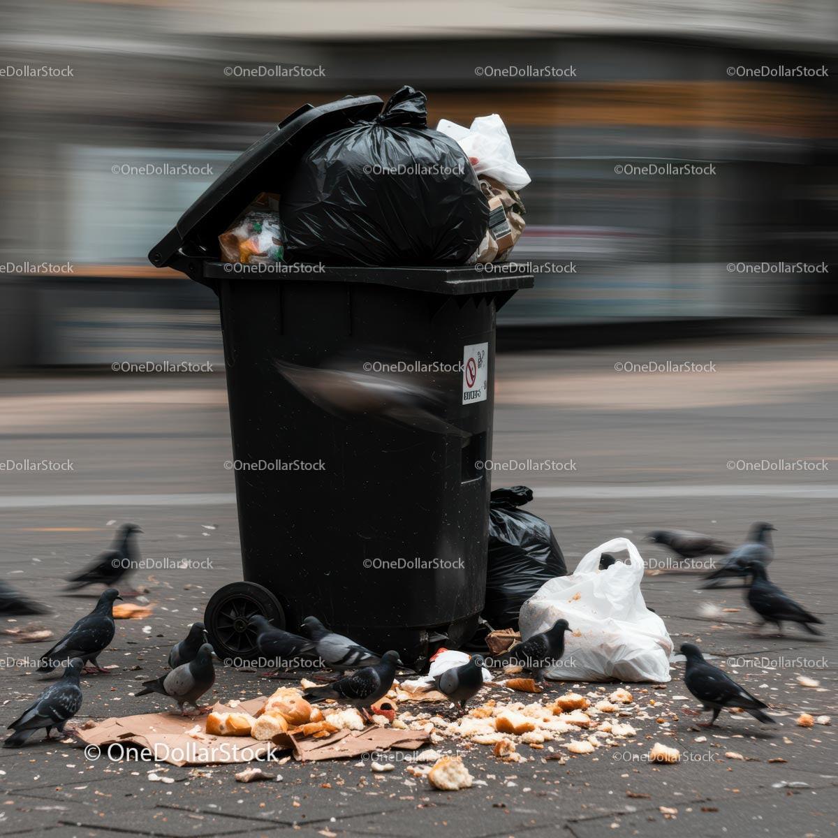 Pigeons Feeding Around Overfilled Trash Bin on City Street