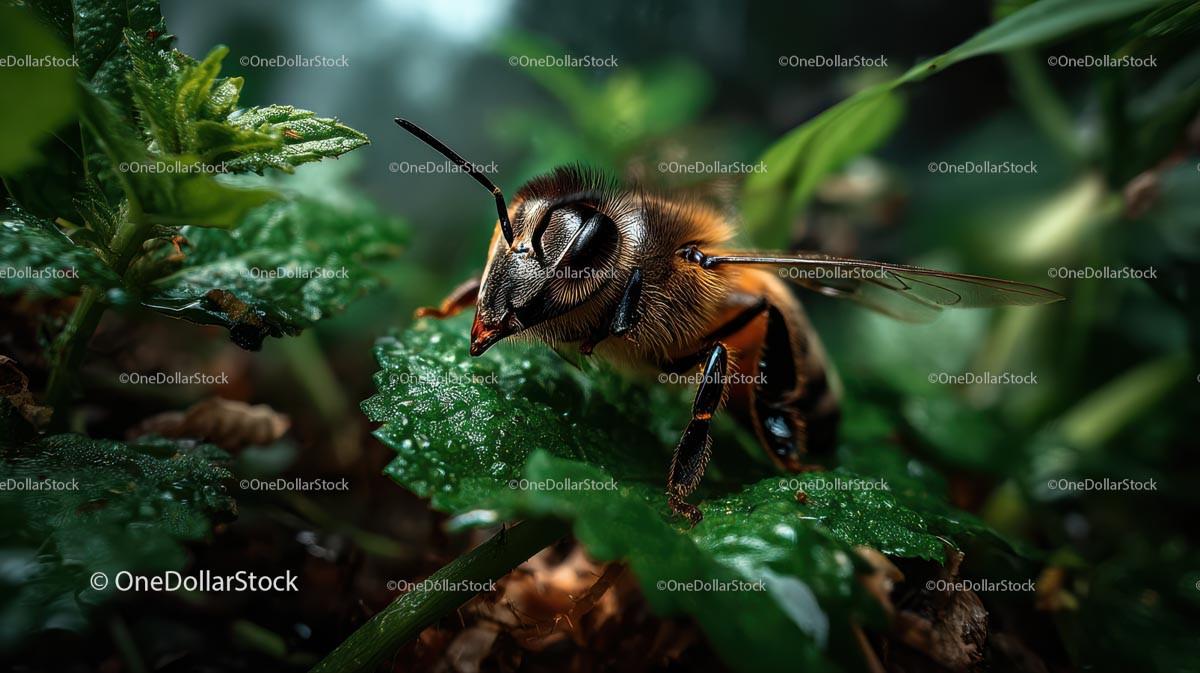 Close-Up of Honey Bee on Lush Green Leaf in Garden