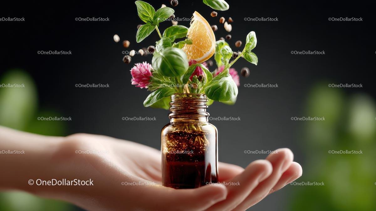 Aromatic Essential Oil Bottle with Fresh Herbs and Citrus 20 JPG Files digital asset preview