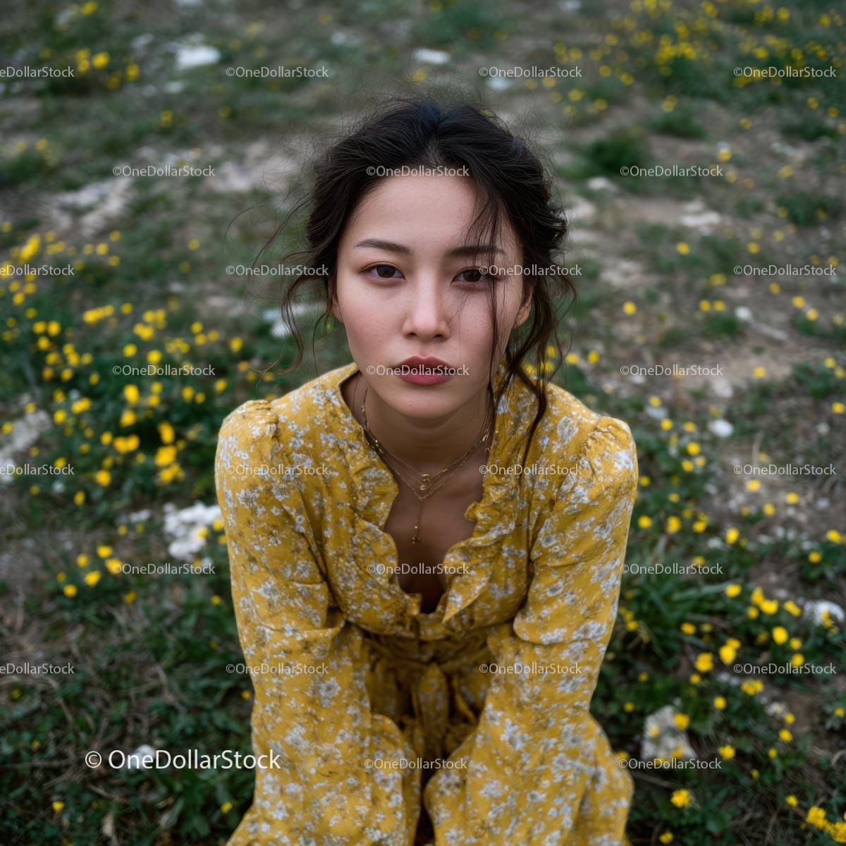Woman in Yellow Floral Dress in a Flowering Meadow