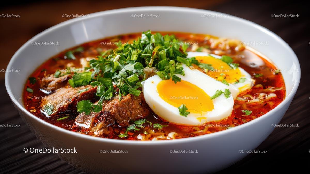stock photo bundle made with Spicy Ramen Bowl with Pork Belly and Boiled Eggs Stock Photo Bundle