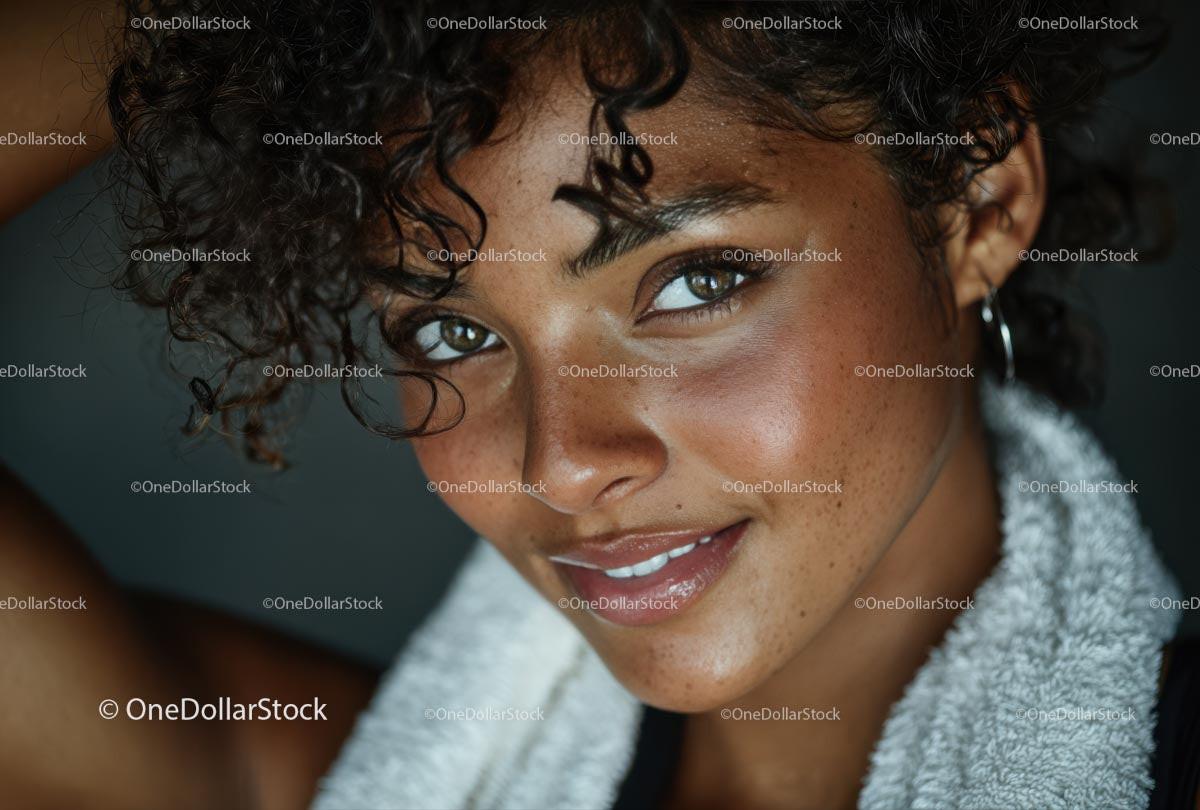 Close-Up of Smiling Woman with Curly Hair and Radiant Skin