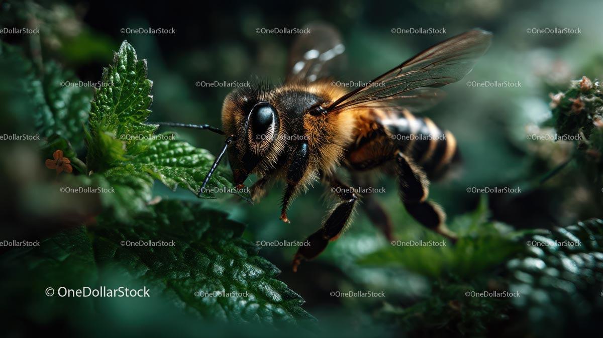 Close-Up of Honeybee on Lush Green Leaves