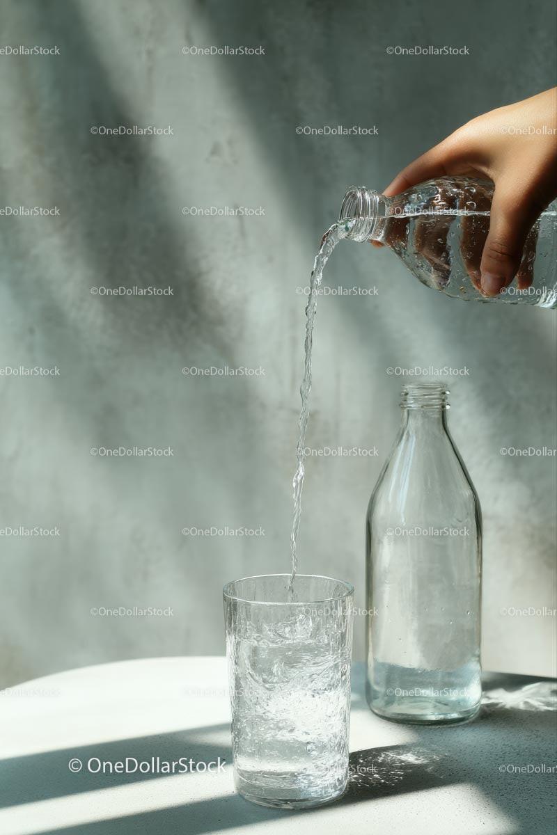 Pouring Water into a Glass with Sunlit Reflections Stock Photo Bundle preview 5
