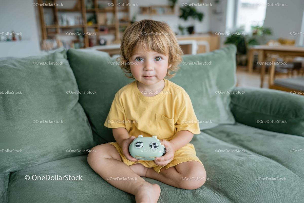 Adorable Toddler Sitting on Green Sofa with Toy