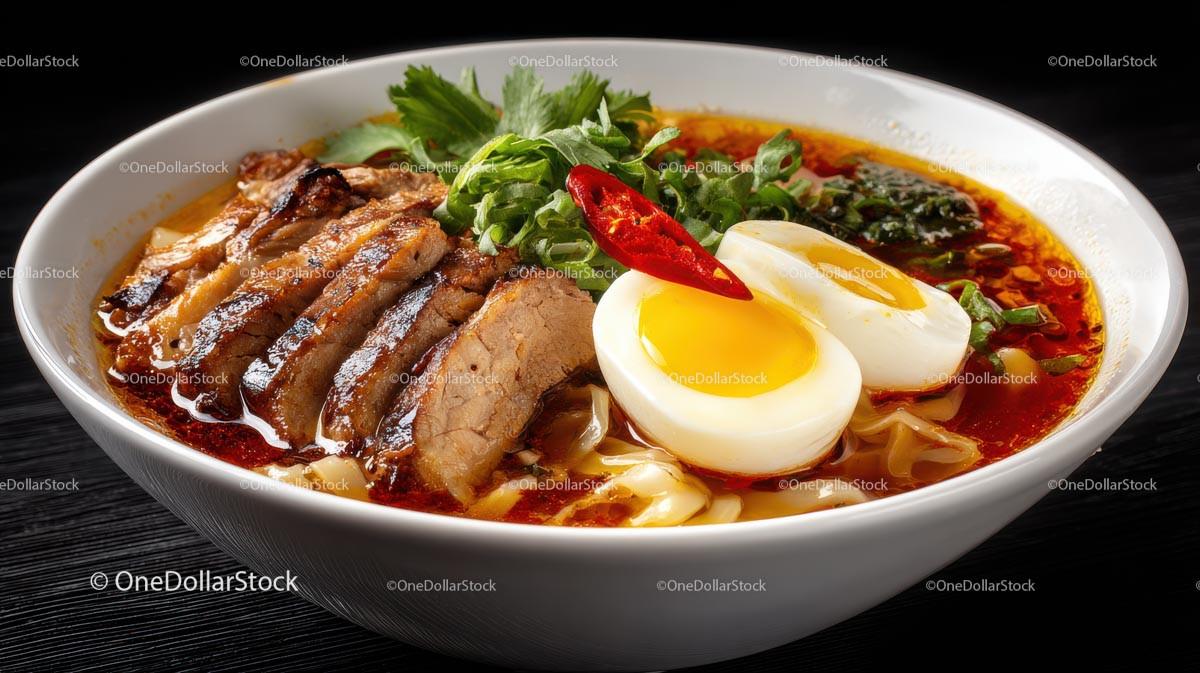Spicy Ramen Bowl with Pork Belly and Boiled Eggs Stock Photo Bundle preview 5