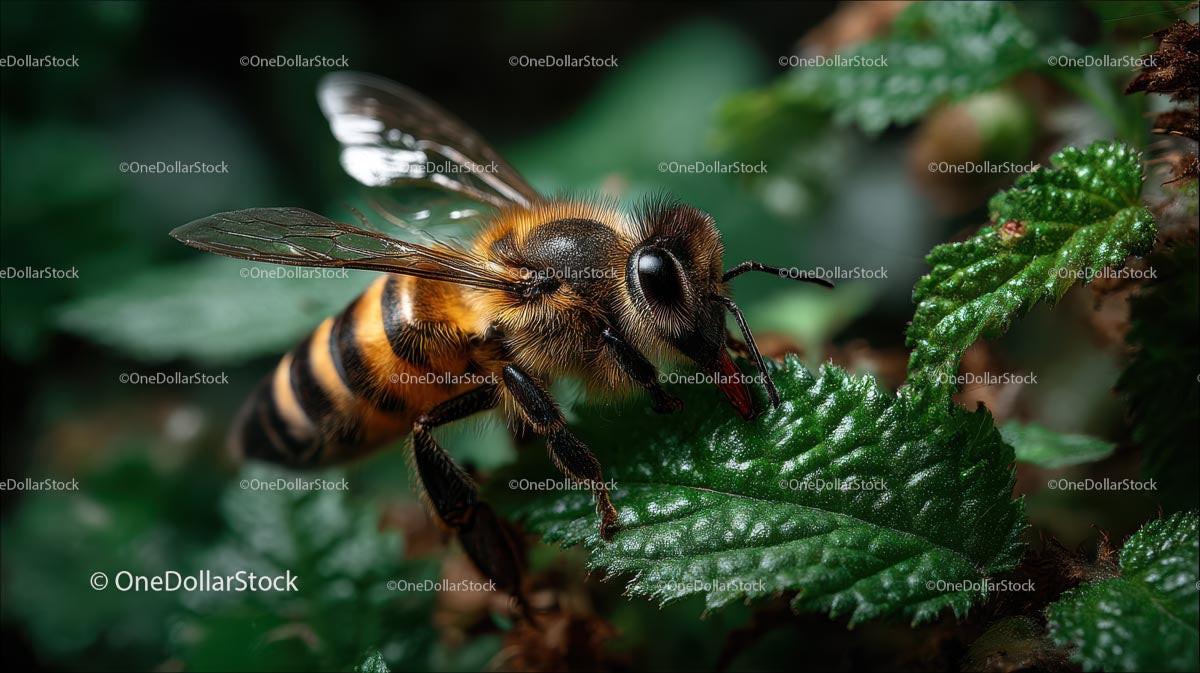 Close-Up of a Honeybee on Green Leaves