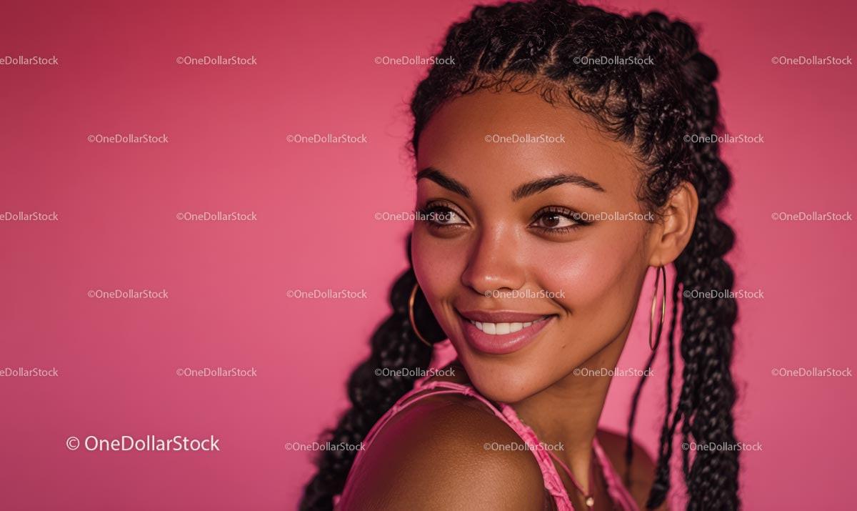 Joyful Woman with Braided Hair on Pink Background