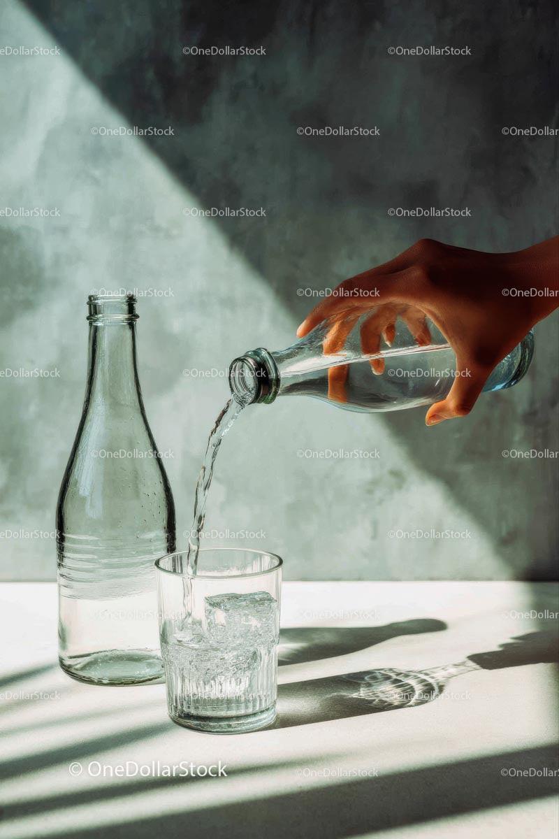 Pouring Water into a Glass with Sunlit Reflections Stock Photo Bundle preview 6