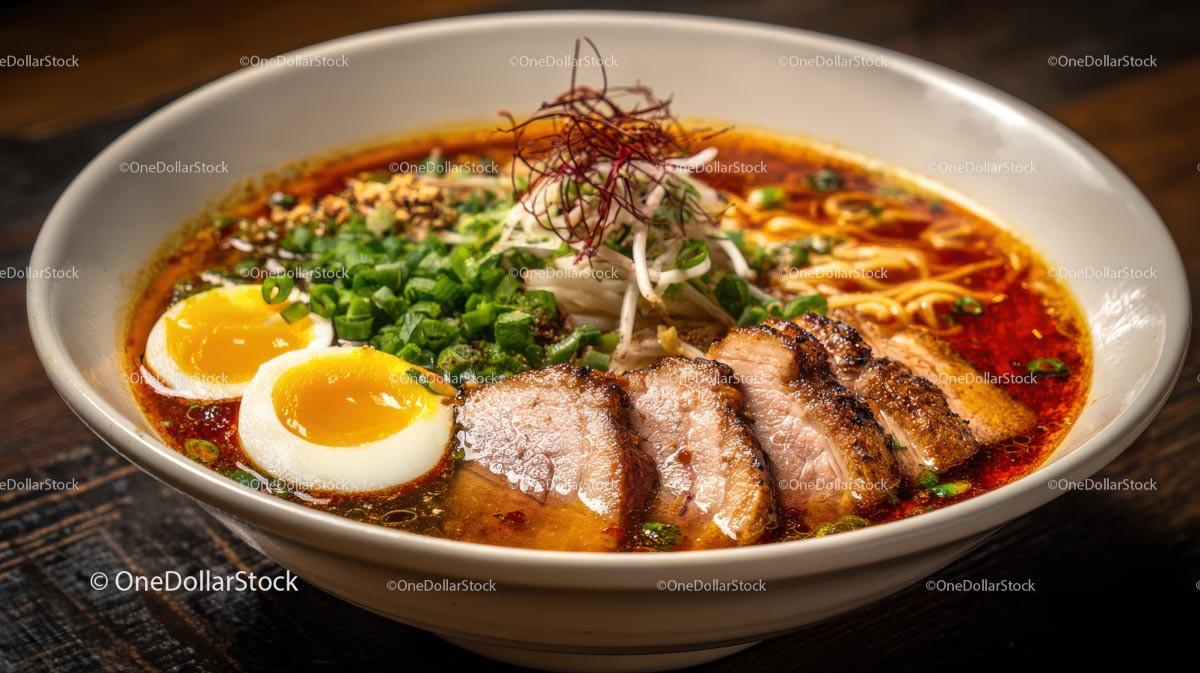 Spicy Ramen Bowl with Pork Belly and Boiled Eggs Stock Photo Bundle preview 6